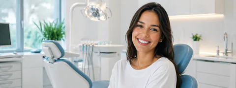 Paciente sorrindo em consultório odontológico