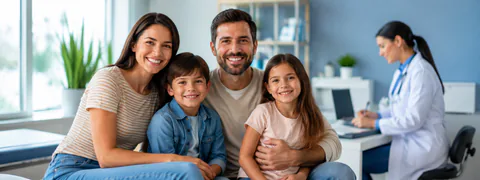 Família em atendimento médico para plano de saúde