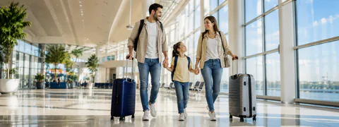 Família caminhando com malas em aeroporto para seguro viagem