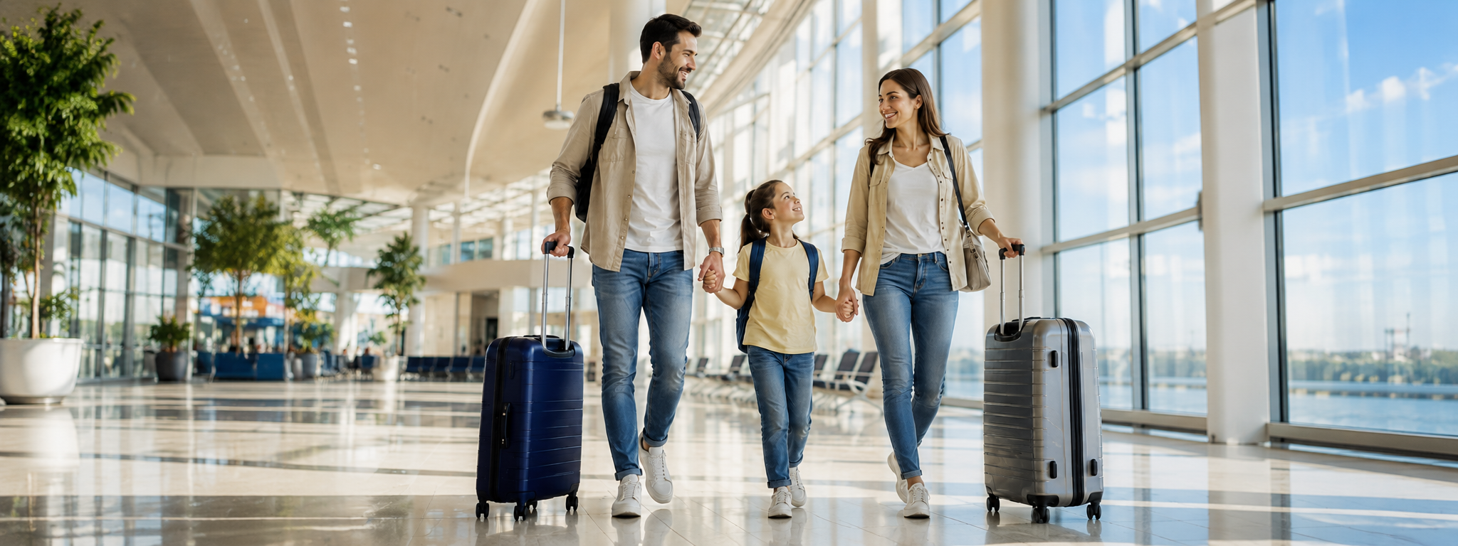 Família caminhando com malas em aeroporto para seguro viagem