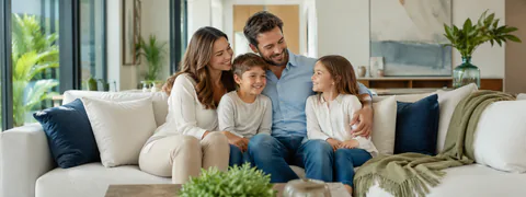 Família reunida em casa para seguro de vida