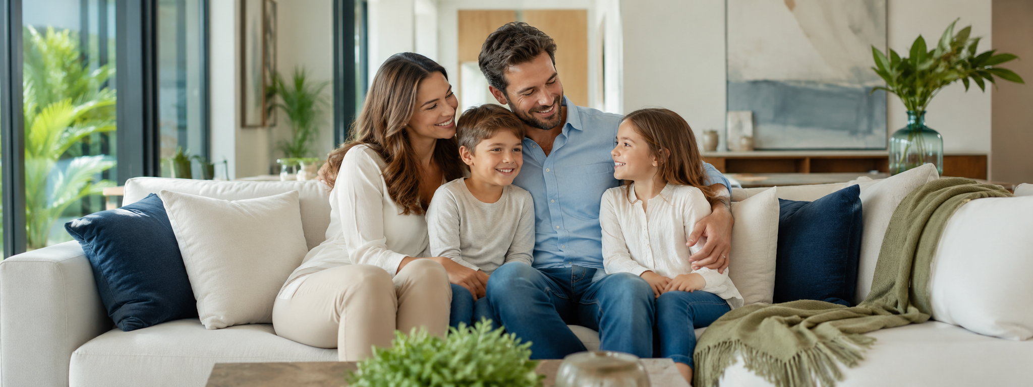 Família reunida em casa para seguro de vida